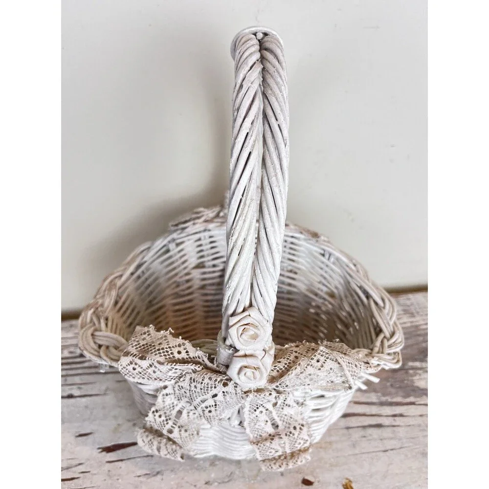 Vintage Shabby White Wicker Rosette Accent Lace Bowed Wicker Cottage Basket 13”